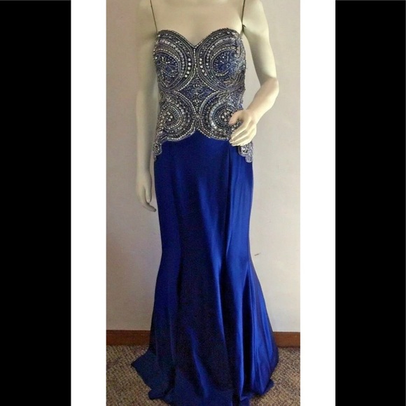 Beaded strapless Blue Silver Maxi Dress Size 44 (US 12) - Picture 2 of 9